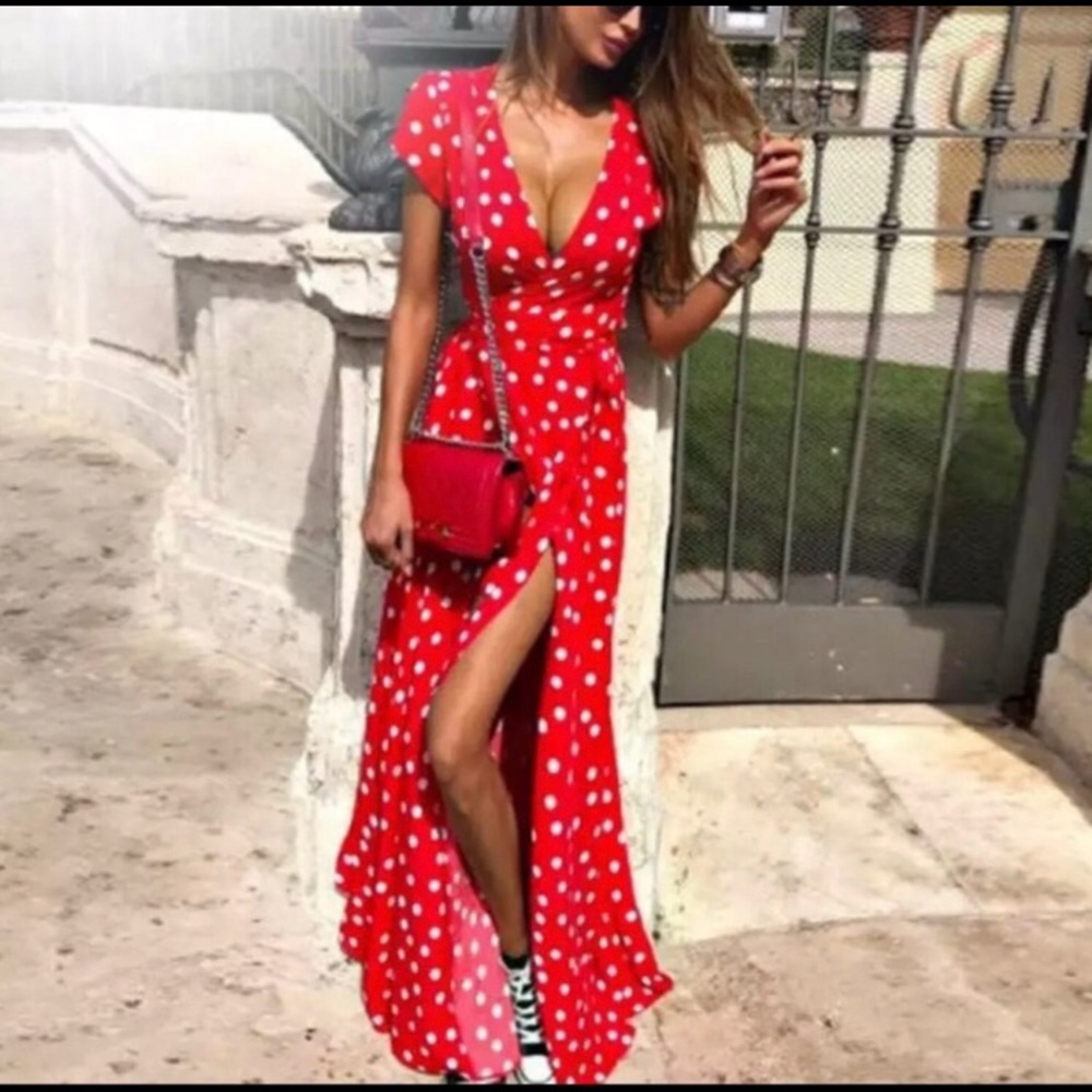 New Polka Dot Bohemian Summer Maxi Split Dress